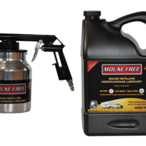 Mouse Free Repelling undercarriage lubricant - black label with Mouse Free pressurized spray gun handle and canister